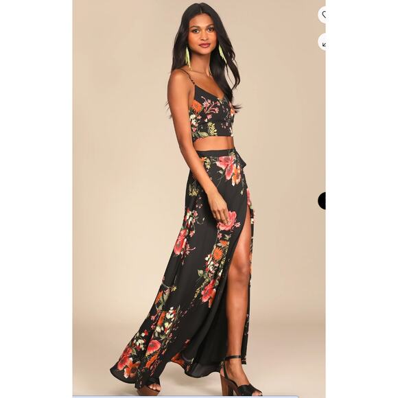 Lulus Bloom With a View Black Floral Print Two-Piece Maxi Dress Size XL - Picture 13 of 14